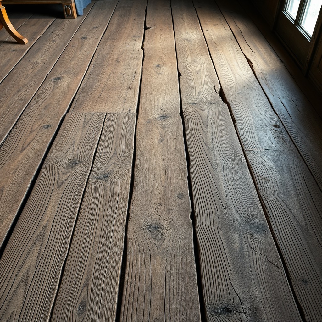 A detailed and realistic portrayal of an old wooden floor, showcasing weathered planks that exhibit rich textures and a warm, inviting patina