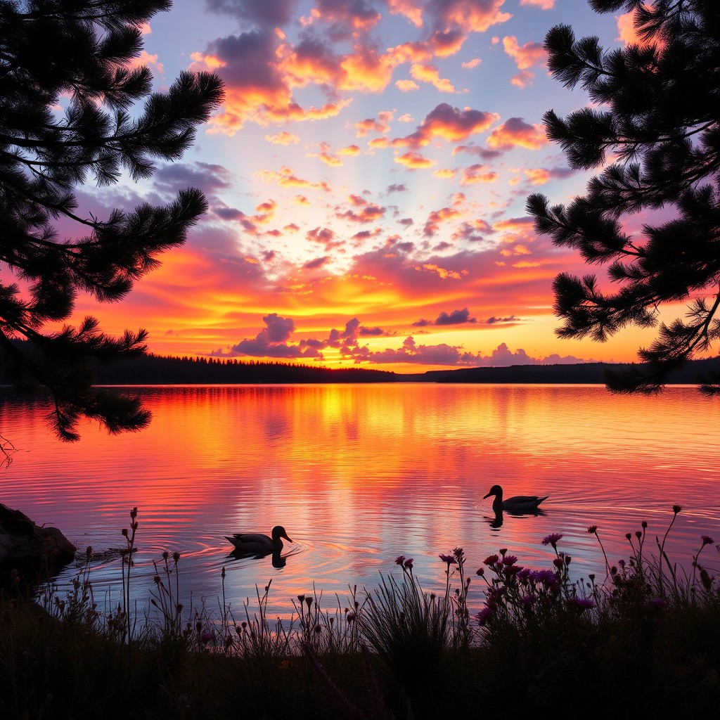 A majestic sunset over a serene lake, with vibrant hues of orange, pink, and purple reflecting on the water surface