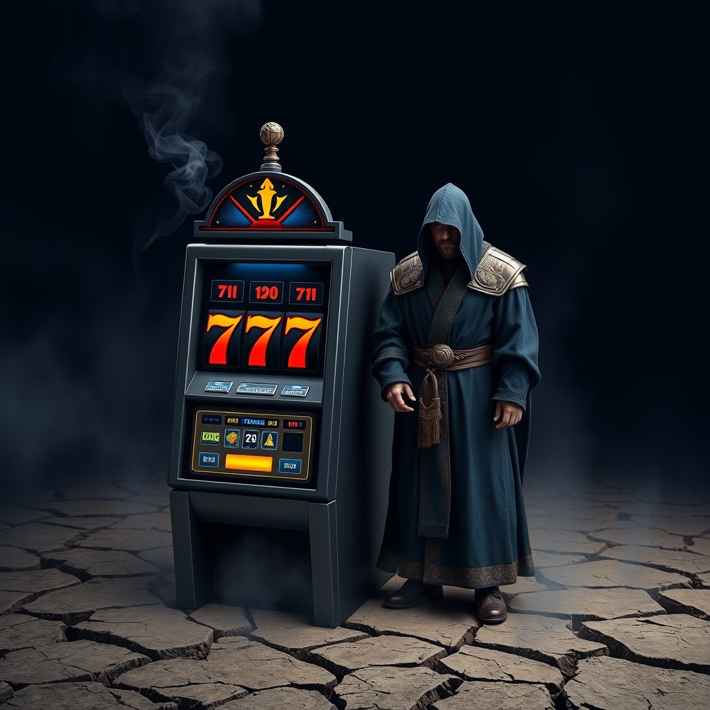 A dark navy blue background featuring a gambling machine with the number 777, designed in complementary colors to match the background