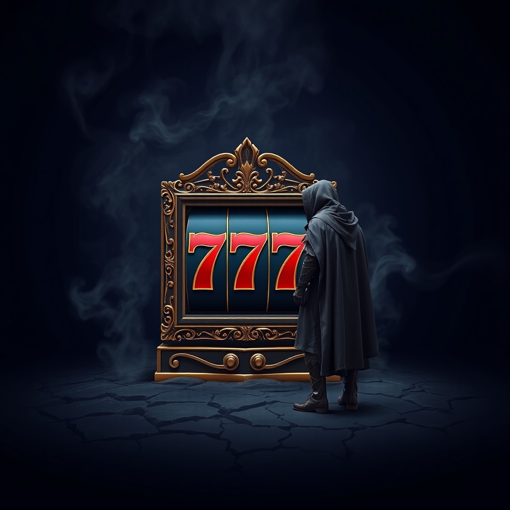 A dark navy blue background featuring a gambling slot machine with the number '777', colored to match the background, and set within a dark gold ornate frame that appears to be embedded into the ground