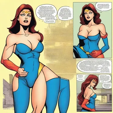 In the comic strip, the superheroine confidently fights crime in her braless costume, owning her femininity and strength.