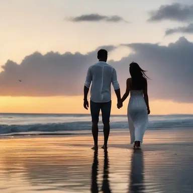 As they strolled along the beach at sunset, she surprised him by going braless, creating an intimate and spontaneous moment between the two lovers.