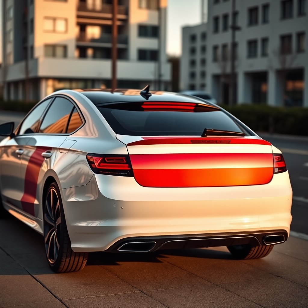 A stylish car featuring a sleek design with a rear section that has a gradient stripe pattern transitioning from a bold color to a clean white finish