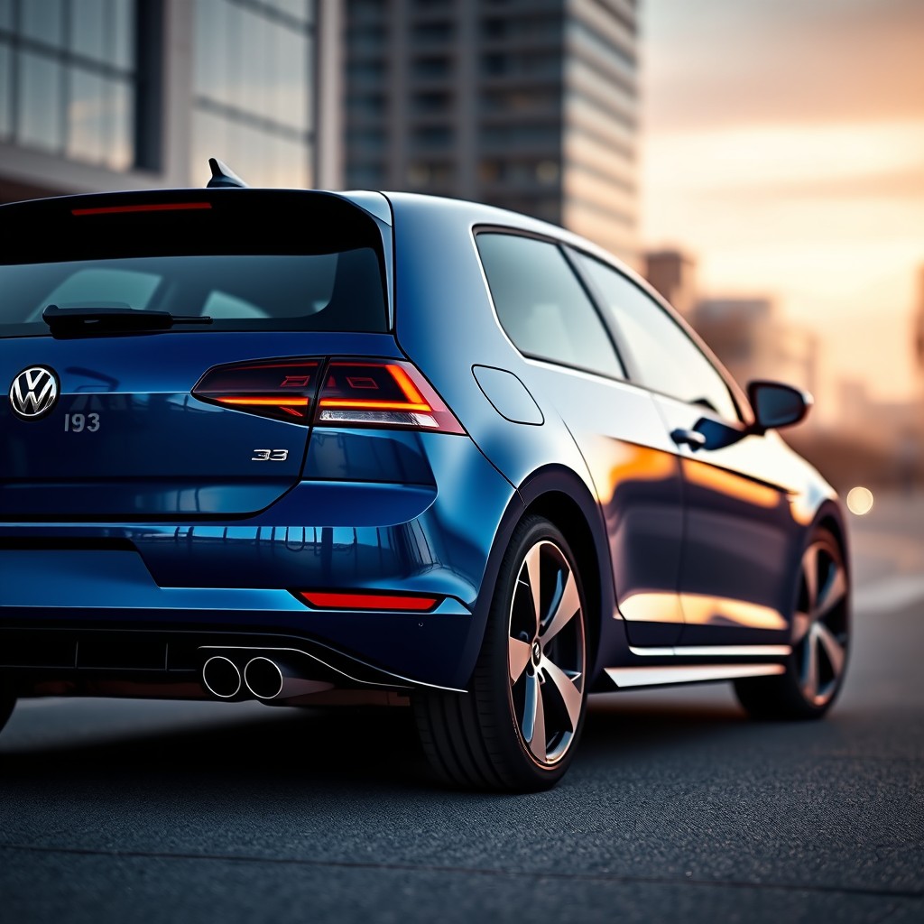A Volkswagen Golf 3 in a deep blue color, featuring a stunning rear design with wide lines gradually fading into white