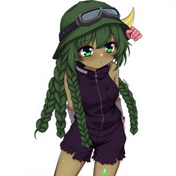 An anime girl with olive-greenish skin and striking, animalistic dark green eyes that are tightly shaped