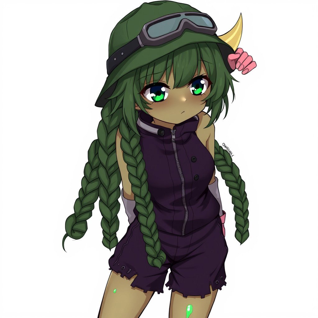 An anime girl with olive-greenish skin and striking, animalistic dark green eyes that are tightly shaped