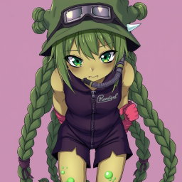 An anime girl with olive-greenish skin and striking, animalistic dark green eyes that are tightly shaped