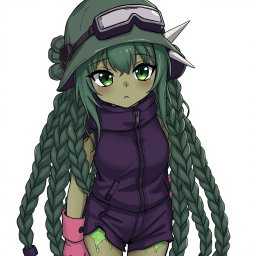 An anime girl with olive-greenish skin and striking, animalistic dark green eyes that are tightly shaped
