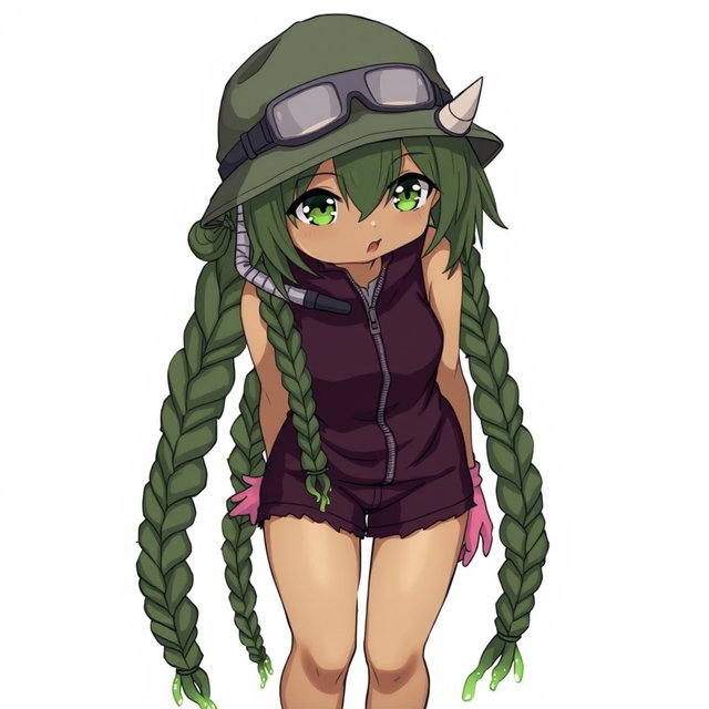 An anime girl with olive-greenish skin and striking, animalistic dark green eyes that are tightly shaped