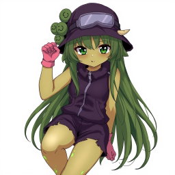 An anime girl with striking olive-greenish skin and animalistic dark green eyes that are tightly shaped