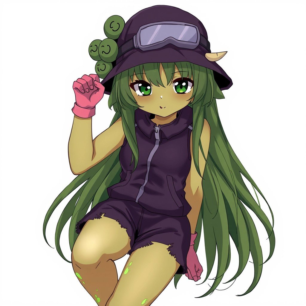 An anime girl with striking olive-greenish skin and animalistic dark green eyes that are tightly shaped