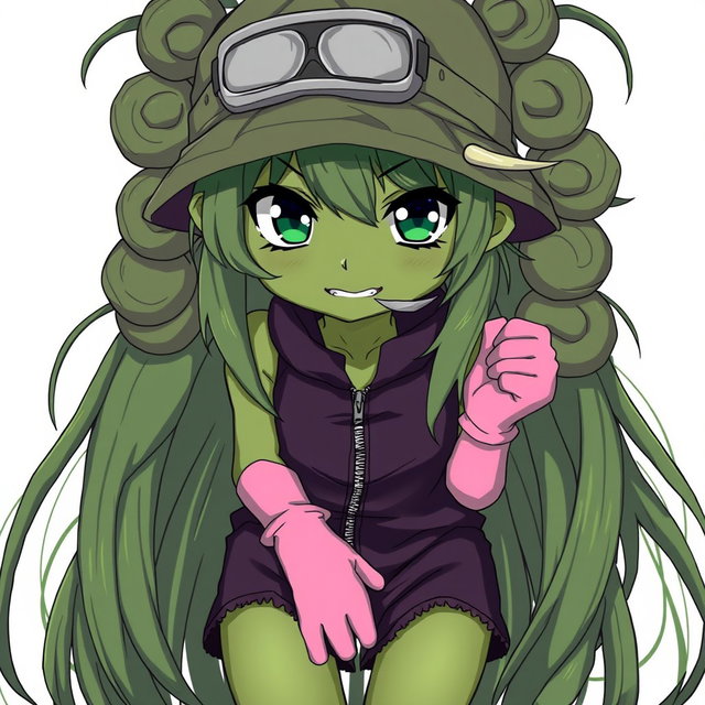 An anime girl with striking olive-greenish skin and animalistic dark green eyes that are tightly shaped