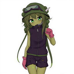 An anime girl with striking olive-greenish skin and animalistic dark green eyes that are tightly shaped