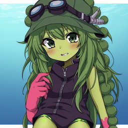 An anime girl with striking olive-greenish skin and animalistic dark green eyes that are tightly shaped
