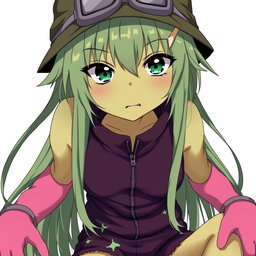 An anime girl with striking olive-greenish skin and animalistic dark green eyes that appear tightly focused