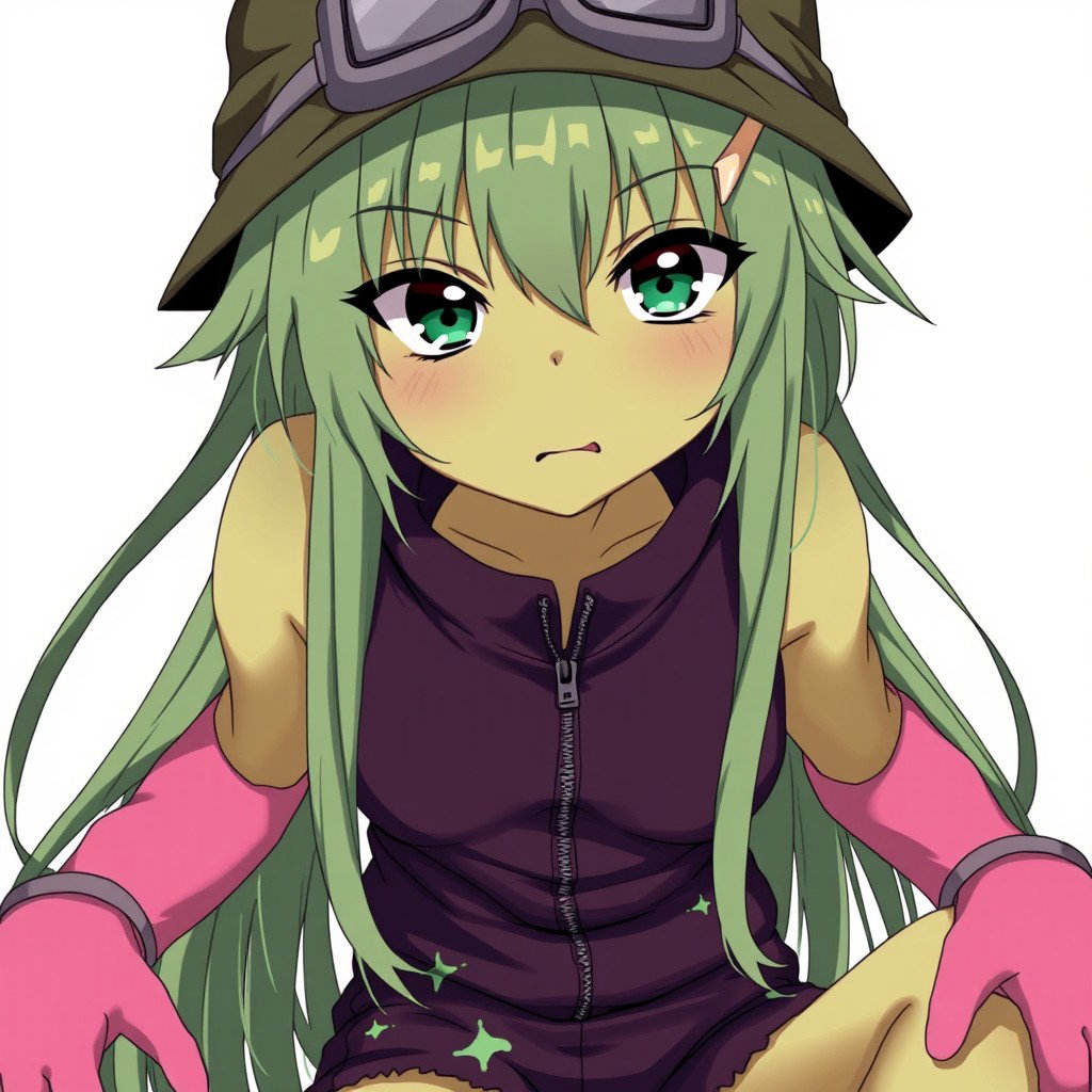 An anime girl with striking olive-greenish skin and animalistic dark green eyes that appear tightly focused