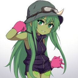 An anime girl with striking olive-greenish skin and animalistic dark green eyes that appear tightly focused