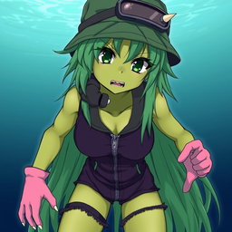 An anime girl with striking olive-greenish skin and animalistic dark green eyes that appear tightly focused