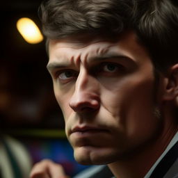 An exquisite close-up of an individual maintaining a poker face. Their face is unexpressive, maintaining an unreadable, neutral look during a high-stakes poker game.