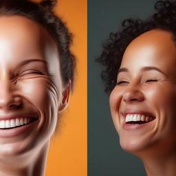 Two human faces side by side, one displaying a genuine laughter with eyes sparkling, and the other one showing a forced or artificial smile, to portray the contrast between real and fake laughter.