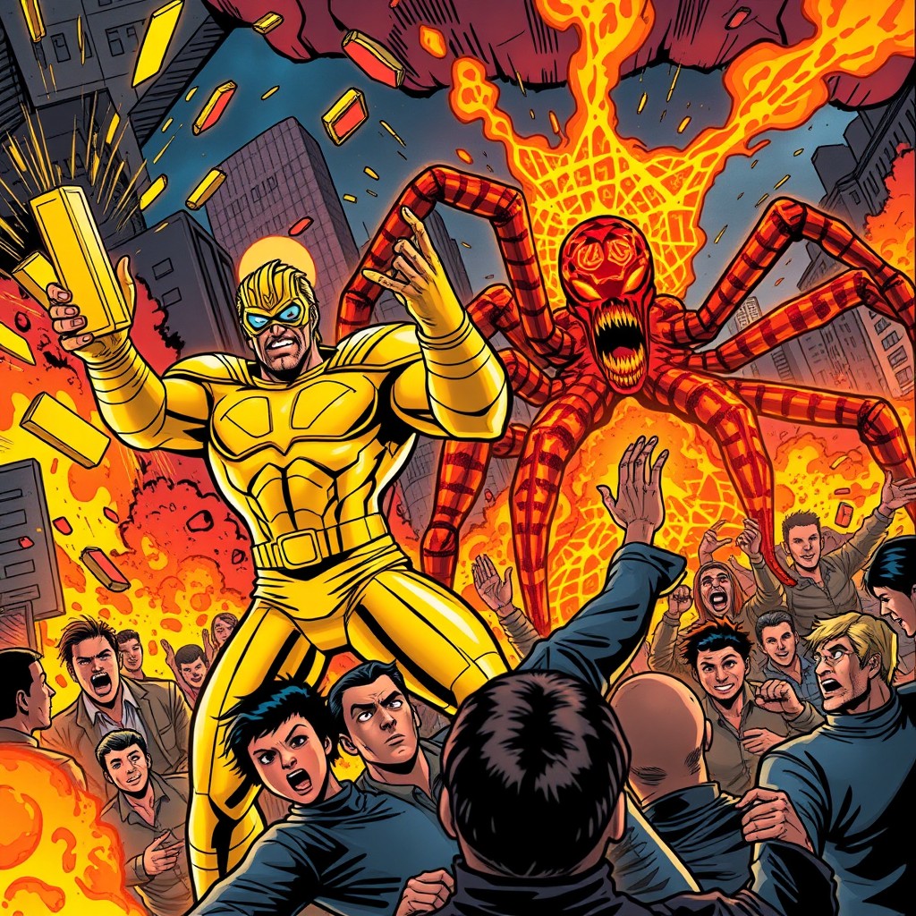 A dynamic comic-style scene featuring a powerful superhero, 'Super Ouro,' releasing golden bars as he stands fiercely beside 'Super Aranha,' a lava spider that emits webs of molten lava
