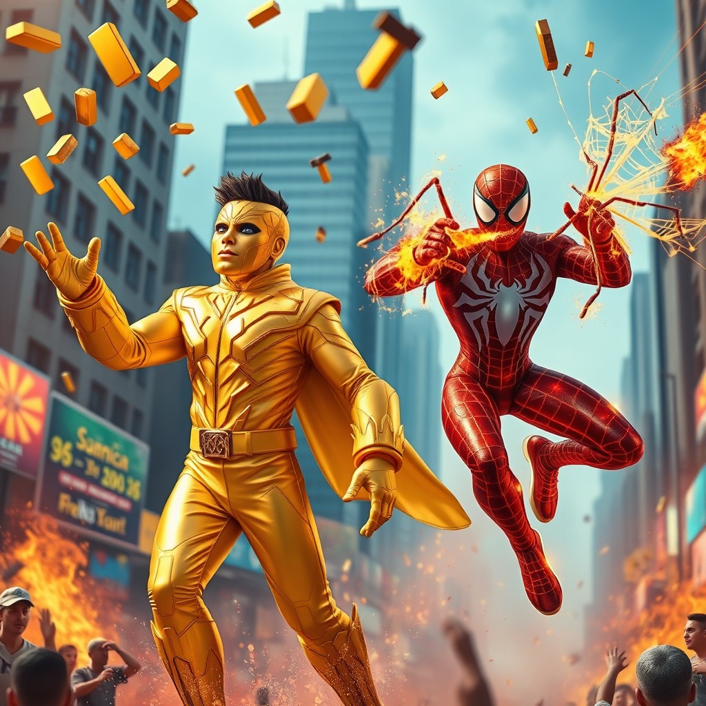 An action-packed scene featuring 'Homem Ouro,' a superhero made of gold, enthusiastically throwing golden bars into the air