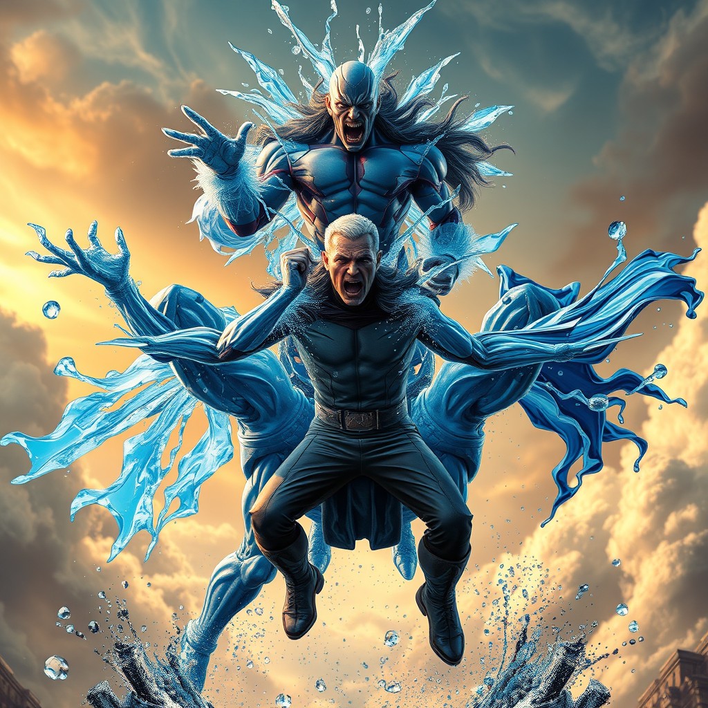 An epic scene depicting 'Homem Gelo' (Ice Man) and 'Homem Água' (Water Man) in a synchronized pose, combining their powers to freeze a towering villain in midair