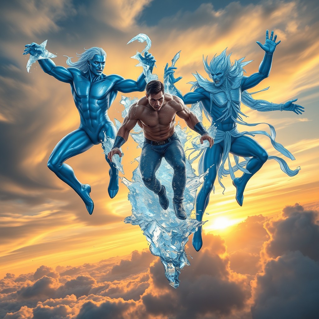 A powerful ice man and a water man, both human but with extraordinary powers, are positioned in a dynamic pose in the sky
