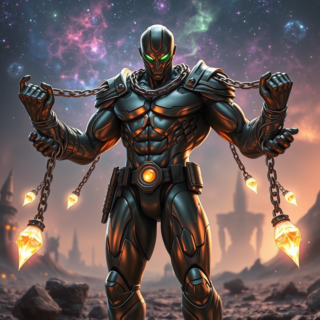 A powerful hero made of plutonium, showcasing a muscular physique and adorned in a futuristic suit that glows with a metallic sheen