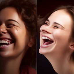 Two human faces side by side, one displaying a genuine laughter with eyes sparkling, and the other one showing a forced or artificial smile, to portray the contrast between real and fake laughter.