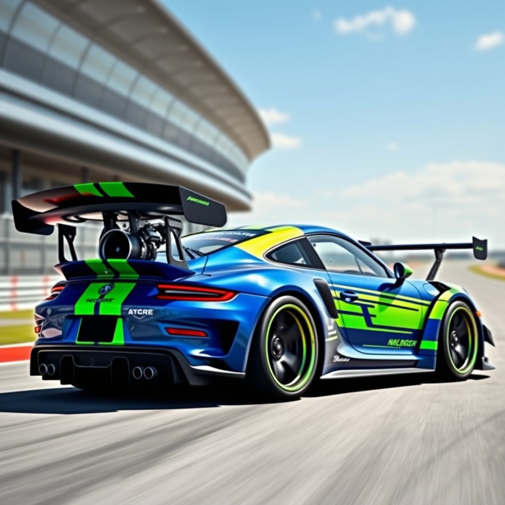 A dynamic and powerful sports car featuring a prominent turbocharger, with a large rear windshield that showcases its sleek design