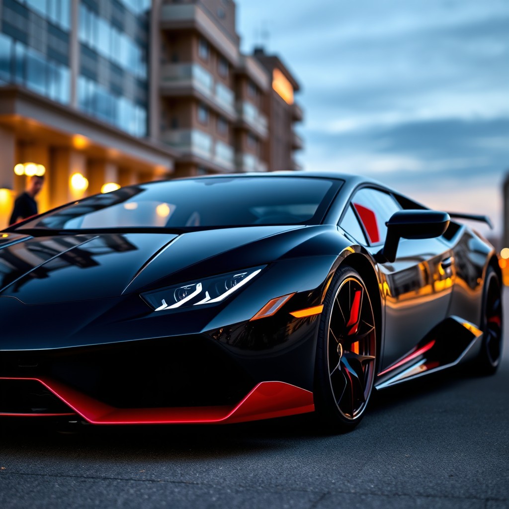 A stunning black and red Lamborghini, showcasing its sleek design and aerodynamic lines