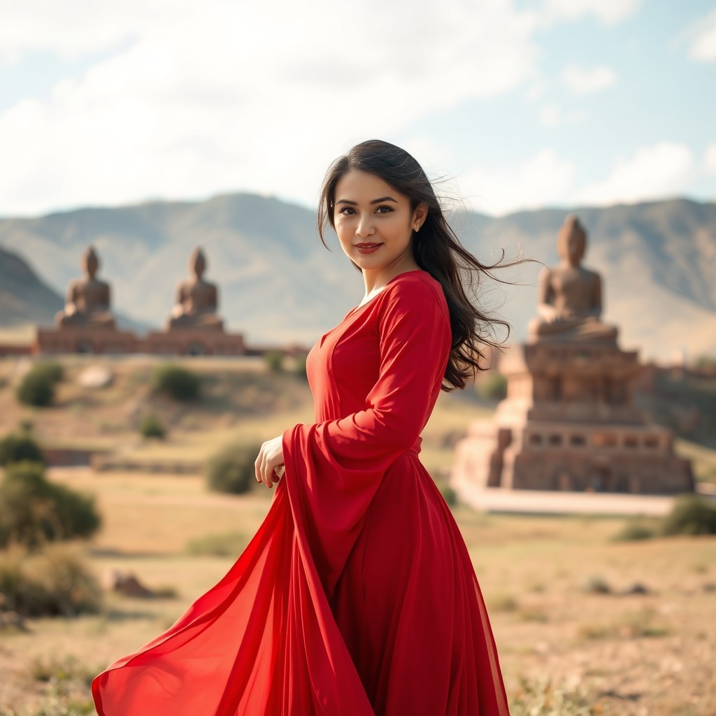 A breathtaking Hazara beauty elegantly dressed in a flowing red dress, captured in the stunning landscapes of Bamiyan