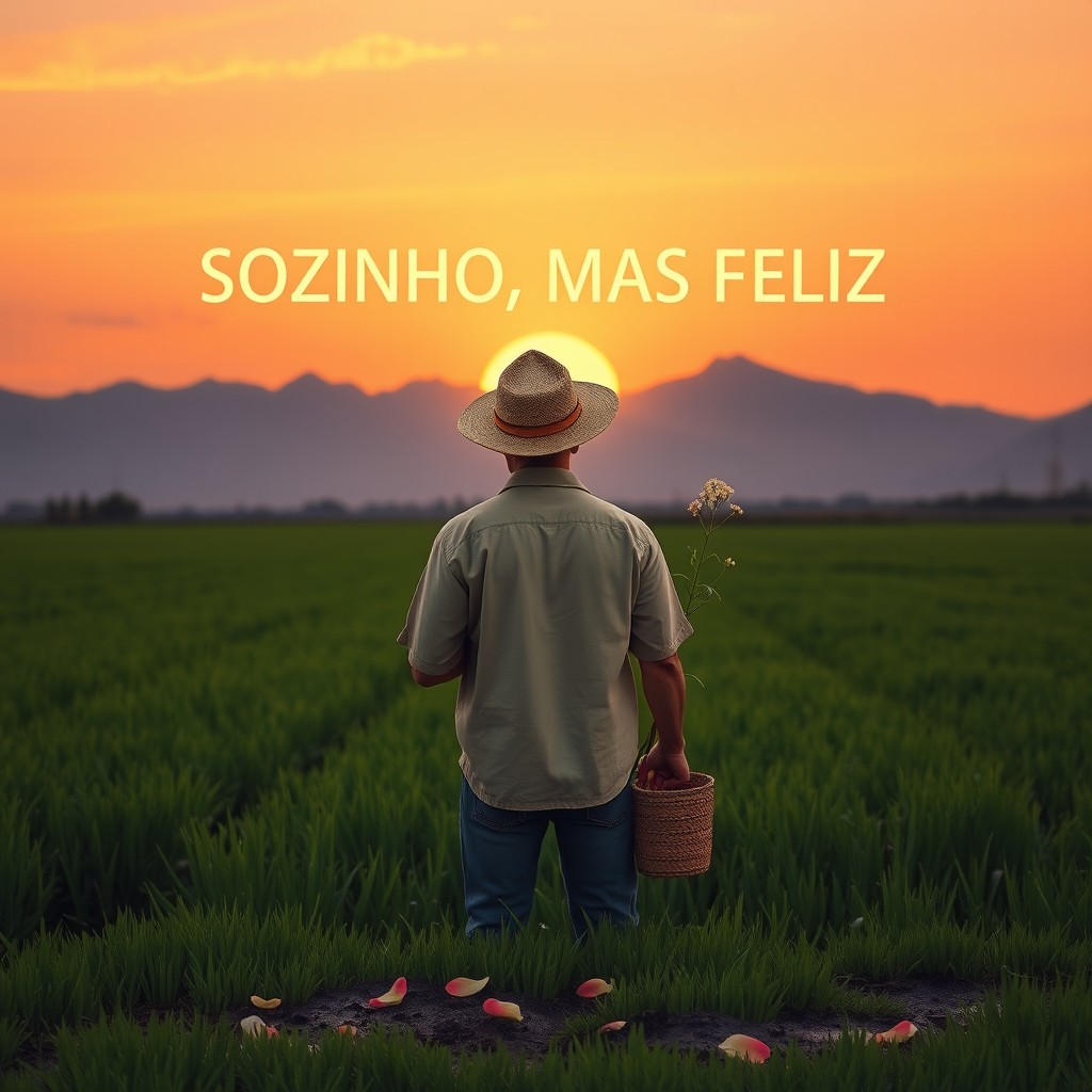 A serene green field at dusk, with the sun setting behind majestic mountains