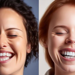 Two human faces side by side, one displaying a genuine laughter with eyes sparkling, and the other one showing a forced or artificial smile, to portray the contrast between real and fake laughter.