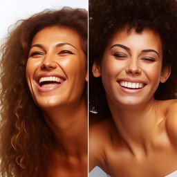 Two human faces side by side, one displaying a genuine laughter with eyes sparkling, and the other one showing a forced or artificial smile, to portray the contrast between real and fake laughter.