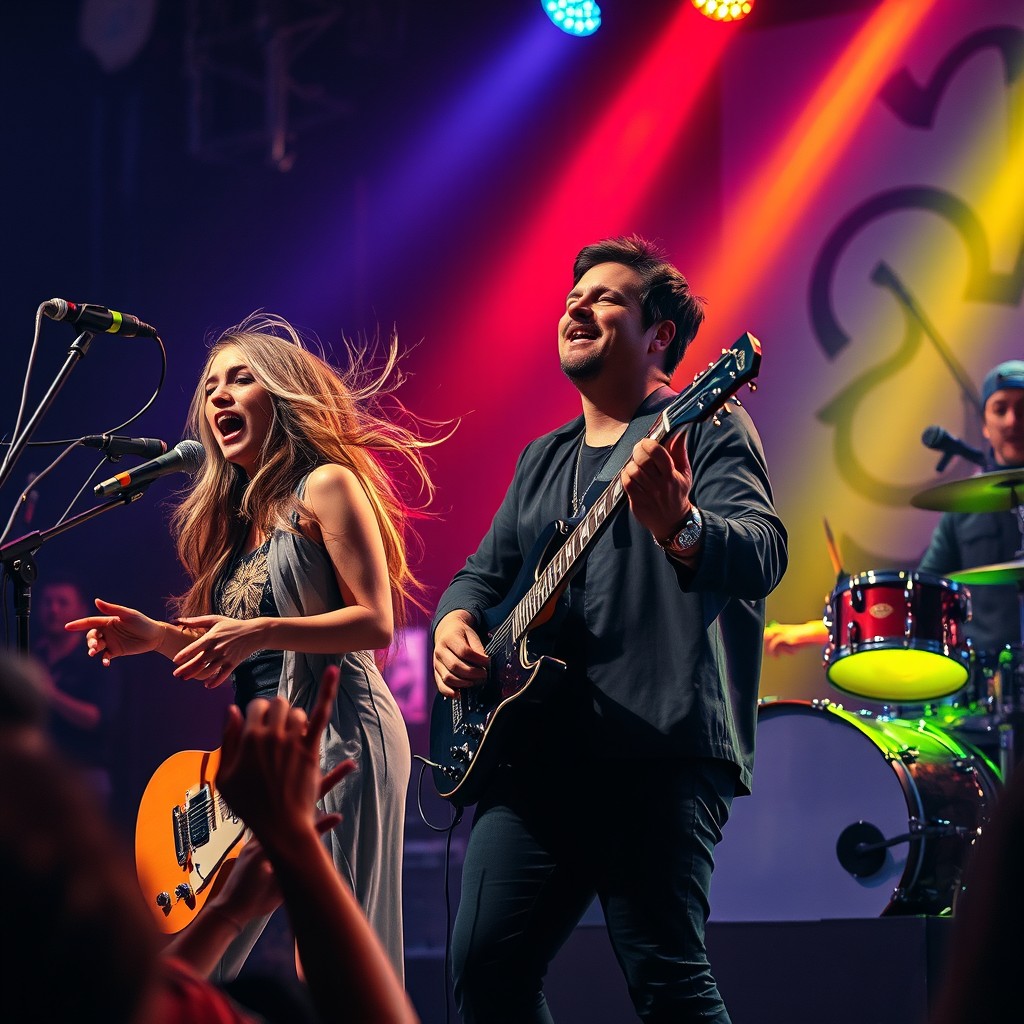 A captivating music scene featuring a diverse group of musicians passionately performing on stage