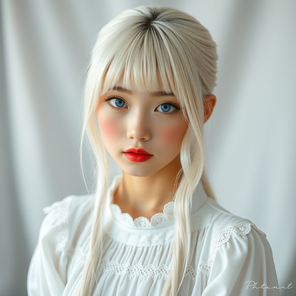 A stunning 18-year-old Japanese girl with enchanting white hair and captivating blue eyes