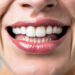 A close-up of a person forcing a smile. Despite the upward movement of the lips, the eyes lack genuine emotion, effectively illustrating an artificial or fake laugh.