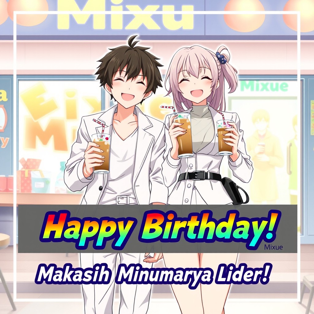 An anime-style poster for a birthday celebration featuring two characters, a male and a female, standing together and joyfully enjoying their drinks from Mixue