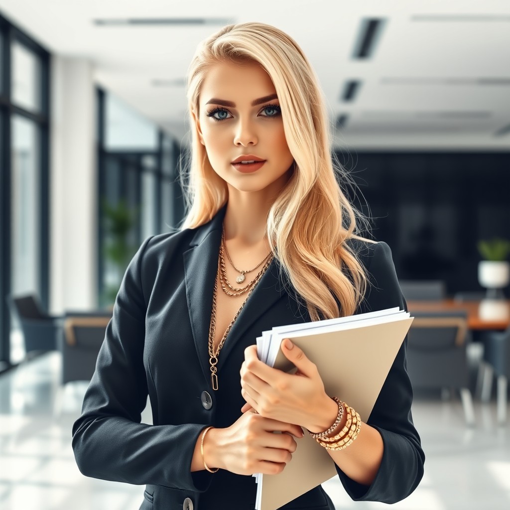 A dominant young blonde female assistant with stylish makeup, standing confidently in a modern office