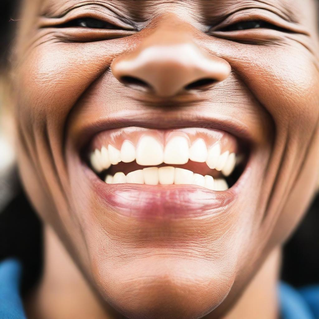 A close-up shot of a person with a genuine laugh. The eyes crinkle at the corners, mouth wide open, cheeks slightly flushed, depicting joy and authenticity.