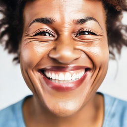 A close-up shot of a person with a genuine laugh. The eyes crinkle at the corners, mouth wide open, cheeks slightly flushed, depicting joy and authenticity.