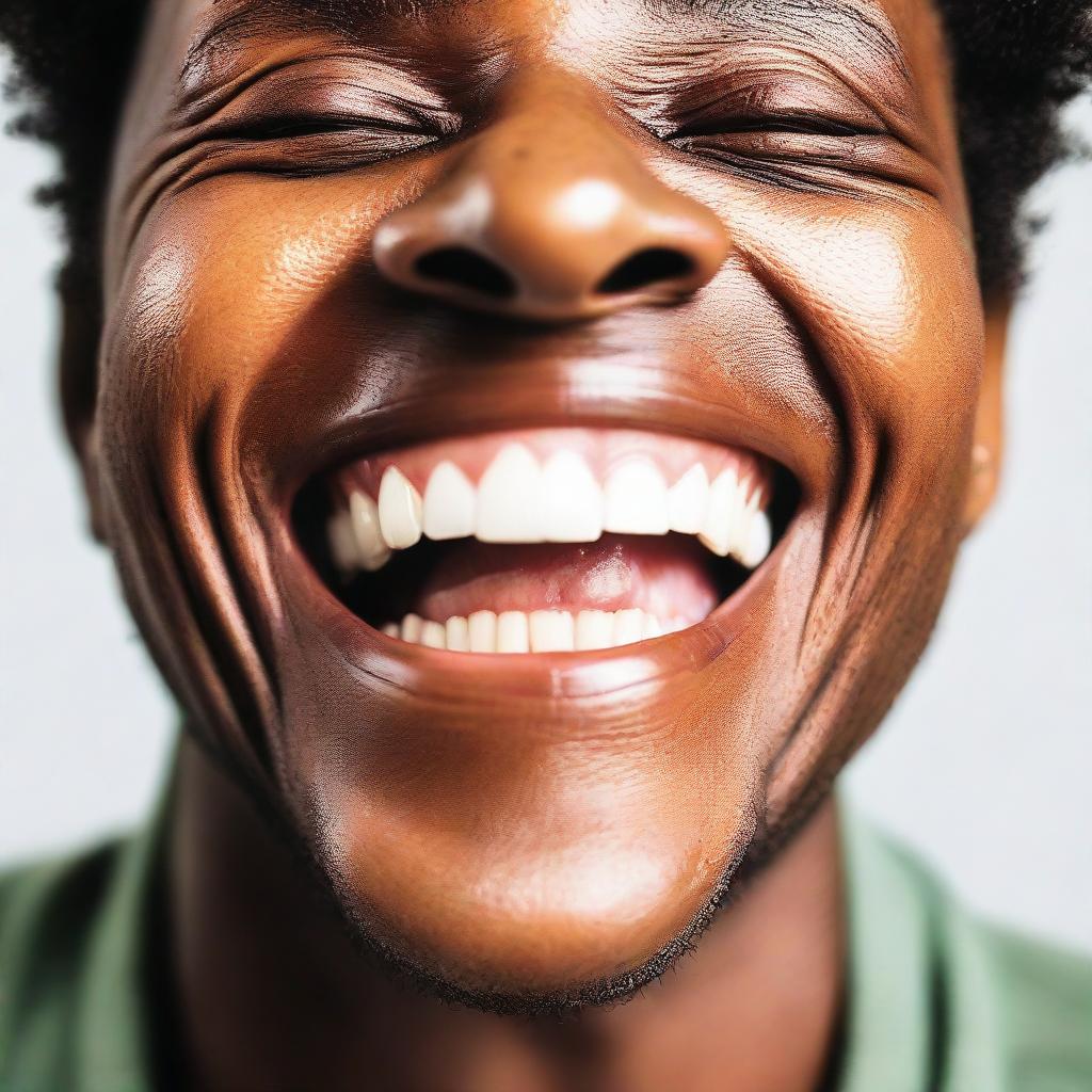 A close-up shot of a person with a genuine laugh. The eyes crinkle at the corners, mouth wide open, cheeks slightly flushed, depicting joy and authenticity.