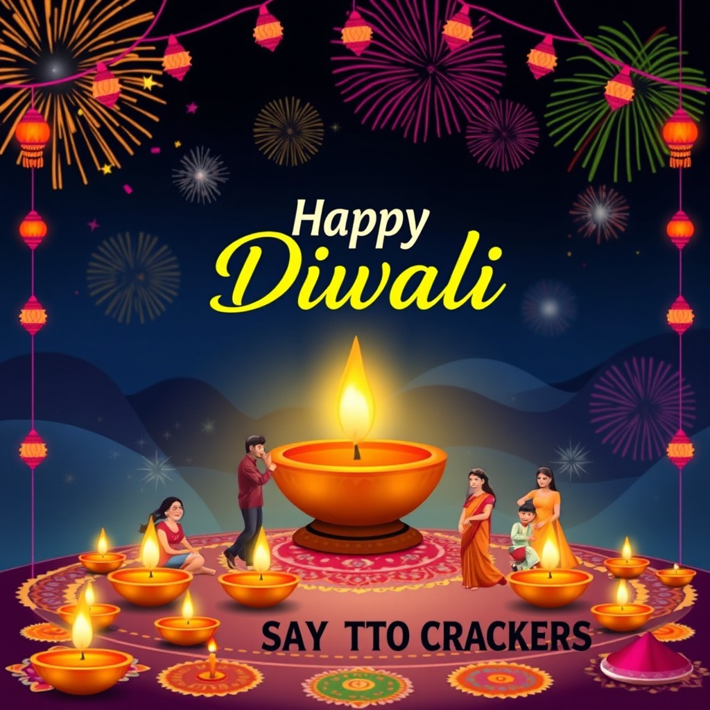 A vibrant and colorful poster celebrating Happy Diwali, featuring beautifully lit traditional oil lamps (diyas) glowing warmly against a night sky