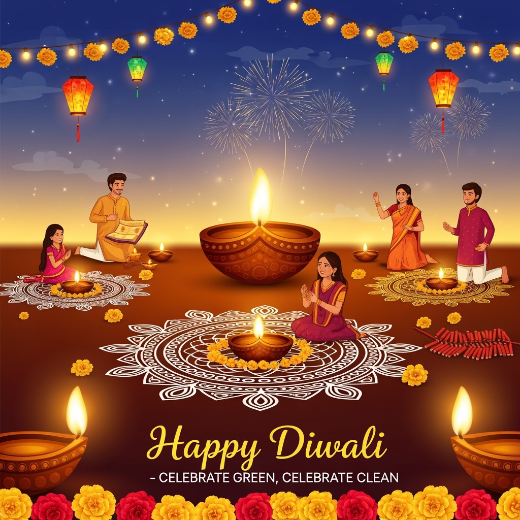 A vibrant and festive Happy Diwali poster with an eco-friendly theme, featuring warm golden lights and traditional diyas
