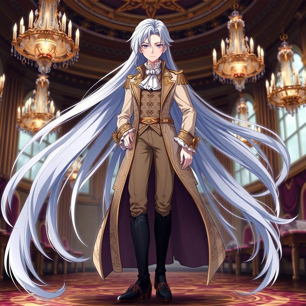 A striking anime character with long, flowing silver hair that cascades elegantly down their back