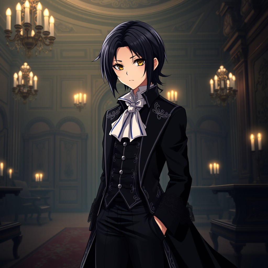 An intriguing anime character with sleek, jet-black hair styled in an elegant manner, embodying the essence of an 18th-century aristocrat