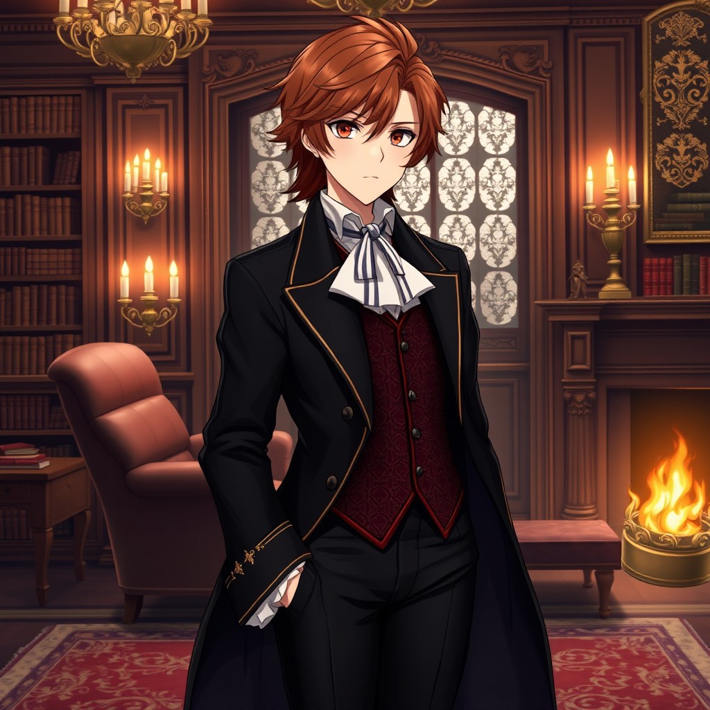 An elegant anime character with rich, chestnut-brown hair styled in an aristocratic manner, capturing the essence of an 18th-century noble