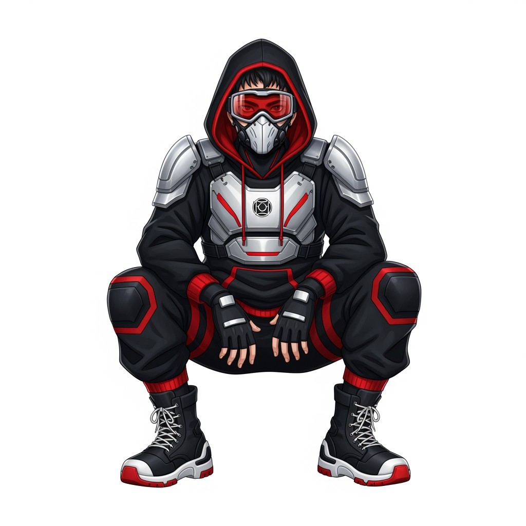 An anime-style character, a 19-year-old male, dressed in a striking outfit that features a black hoodie with red trim